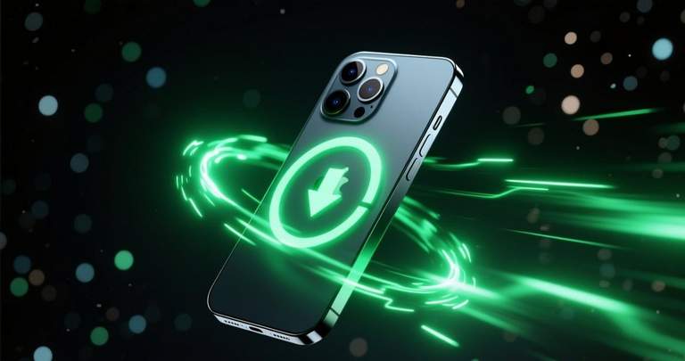 iPhone floating with emerald energy rings, cinematic dark product shot