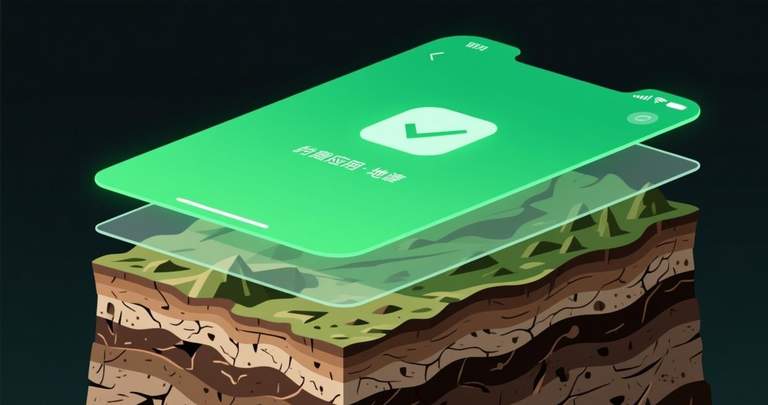Stacked app version layers like strata, emerald green newest on top