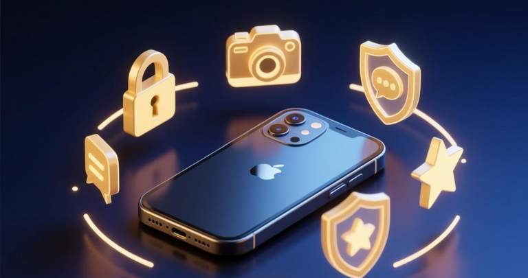 BatChat features showcase, isometric phone with floating icons, gold and navy