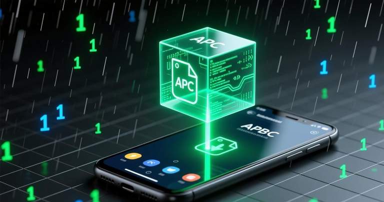 Android phone with holographic APK cube, emerald futuristic editorial