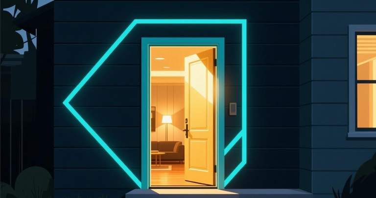 Door opening into warm light, cyan geometric frame on dark exterior