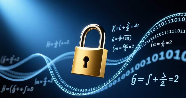 Encryption protocol visualization, golden lock with math formulas, navy editorial