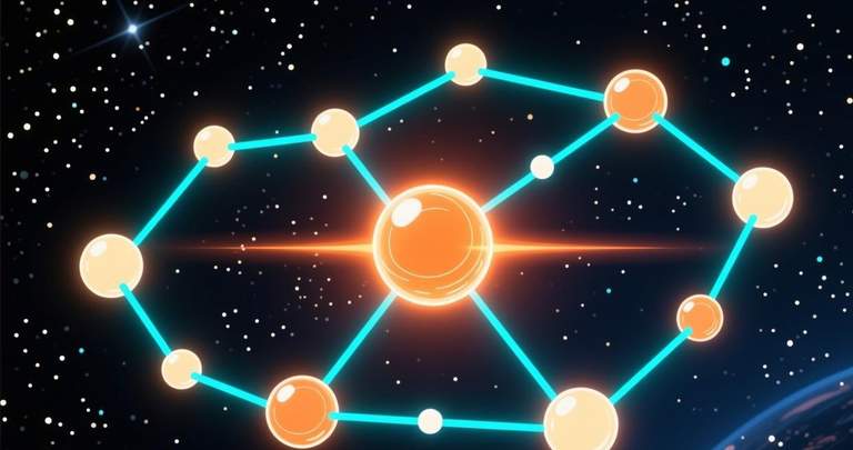 Connected constellation of glowing orbs, cyan lines network pattern