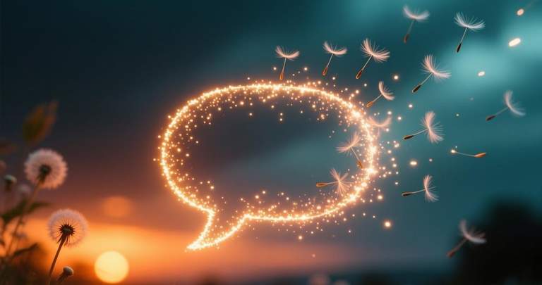 Dissolving message bubbles into particles, sunset orange and cyan ephemeral