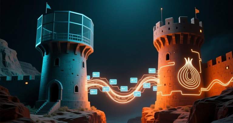 Two privacy fortresses facing each other, teal and orange atmospheric