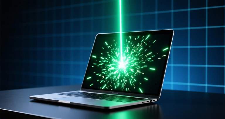 Windows laptop with emerald download beam, midnight blue product shot