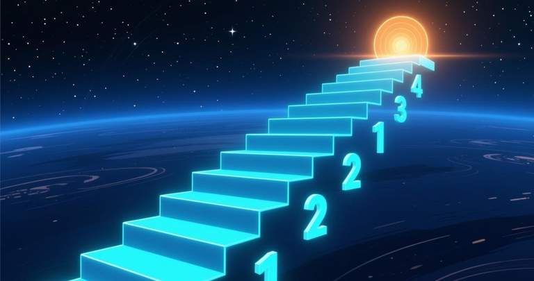 Numbered steps pathway ascending, cyan steps with amber destination