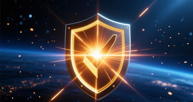 BatChat security review, gold shield on dark navy, editorial close-up